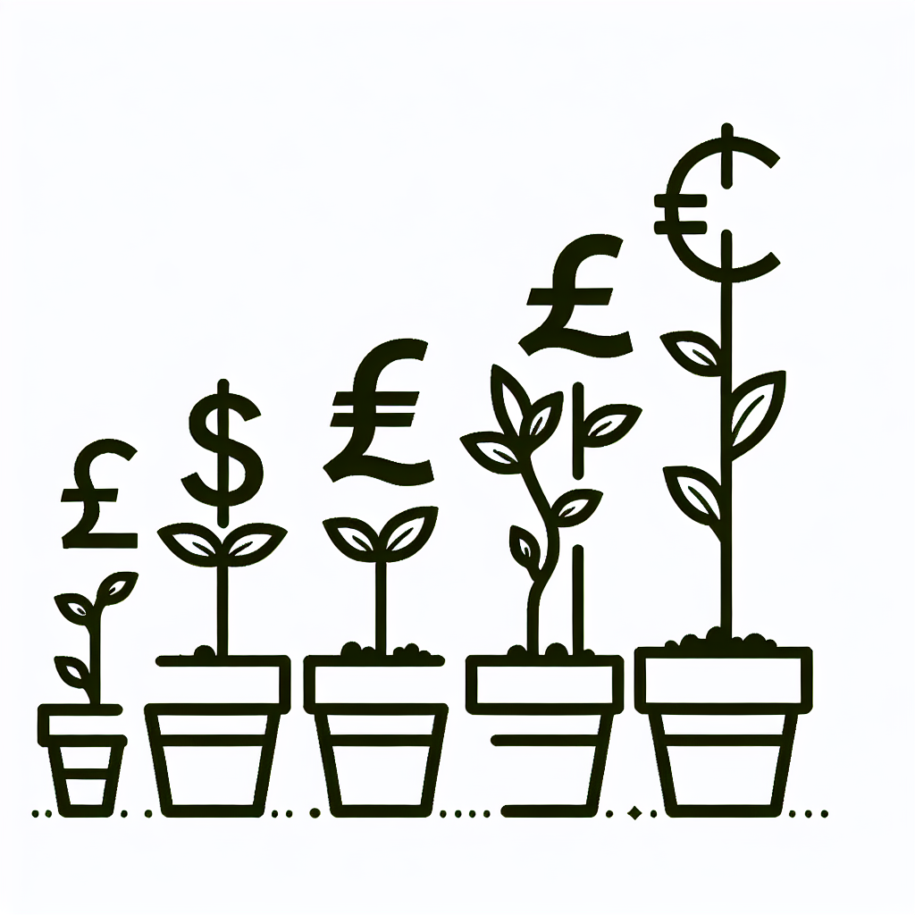 Minimalistisk illustrasjon av forskjellige valuta symboler som vokser oppover, representert som planter, for å symbolisere veksten og potensialet i ansvarlig lån og investering.