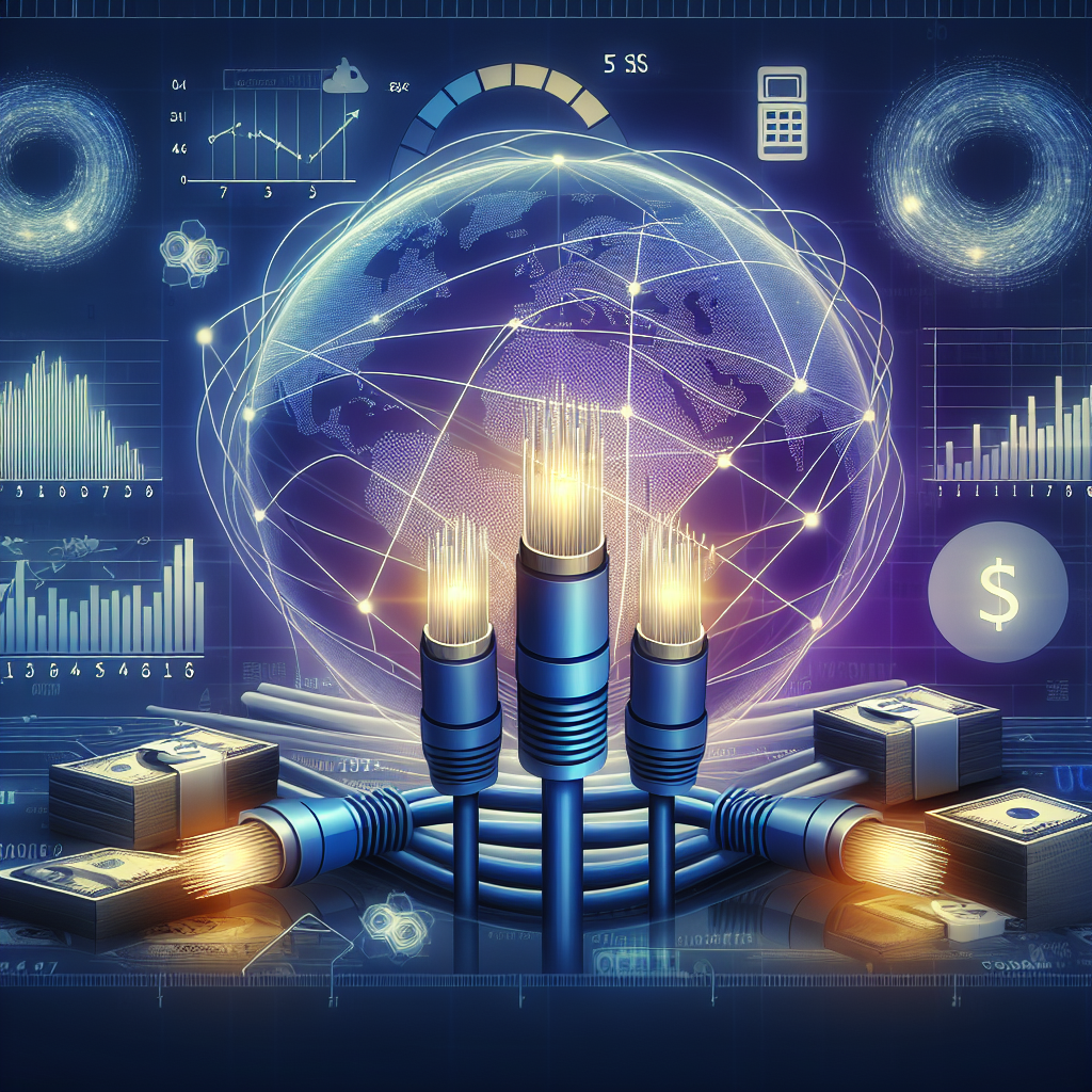 Illustrasjon av fiberkabler, økonomiske grafer og digitale betalingsikoner som symboliserer sammenkobling mellom teknologi og finans