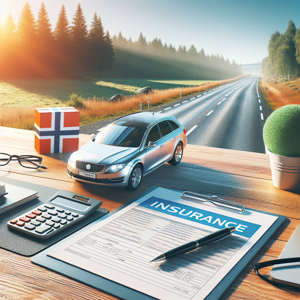 Norsk bil på landevei med forsikringsdokumenter og kalkulator på et bord, moderne stil, klart dagslys, profesjonelt og tillitsvekkende